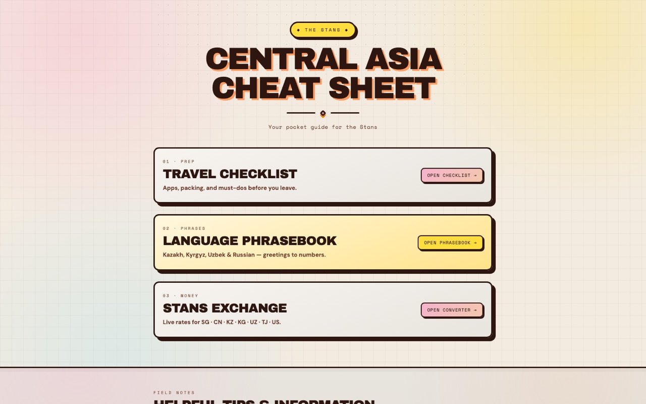 Central Asia Cheat Sheet homepage with checklist, phrasebook and exchange sections